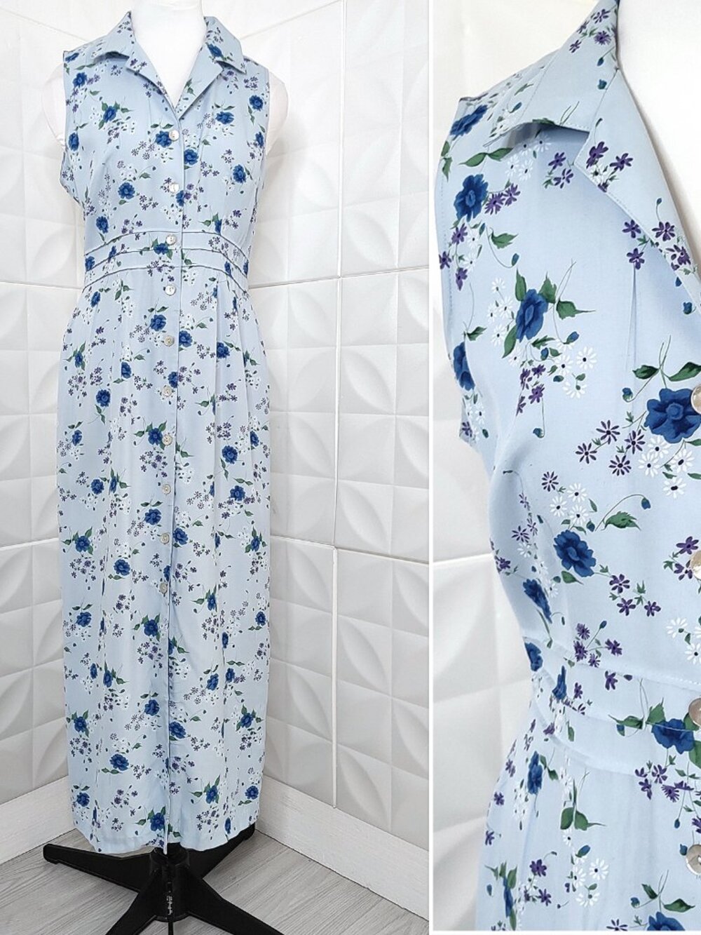 Vintage 90s Robbie Bee Blue Floral Maxi Dress Sleeveless Button Up 10 Fits M/L